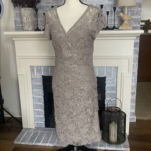 Taupe Lace Sequined Tiered Layers Shiny Cocktail/Party /Evening Dress Size 10